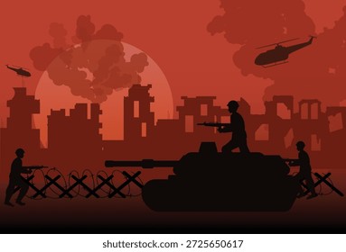 Paisagem de uma cidade destruída com arame farpado em primeiro plano, soldados, helicópteros militares e tanques.Fundo de ruínas de guerra representando conflito, destruição e invasão militar.Símbolo de guerra.