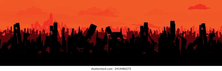 
Landscape of the Destroyed City. Panorama of the city after the war or natural disasters. Sad landscape. Vector.