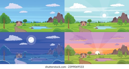 Landscape at different day times. Private house on nature background. Morning sunrise. Evening sunset. Night dusk. Scenic wild mountains and grass meadow. Water lake