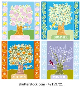 Landscape of different seasons summer, winter, spring, autumn, weather illustration