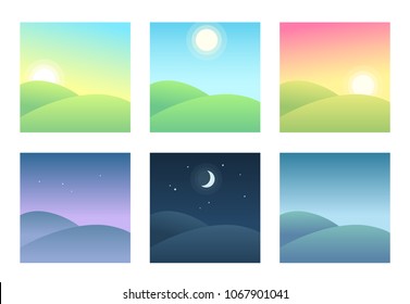 Landscape at different times day  daily cycle illustration  Beautiful hills at morning  day   night 