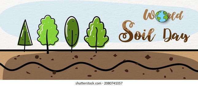 Landscape of different trees grow in ground and draw in flat style with wording design of world soil day on blue brush and white paper pattern background. Poster's campaign of world soil day in vector