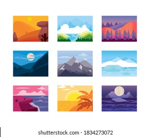 landscape different weather winter summer scenery icons vector illustration