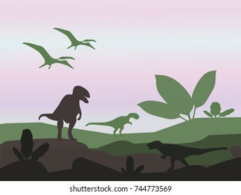 Landscape with dinosaurs silhouette. Vector illustration.
