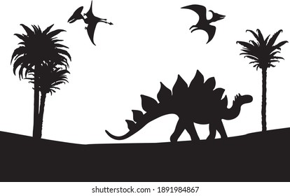 Landscape with dinosaurs. Silhouettes on white background