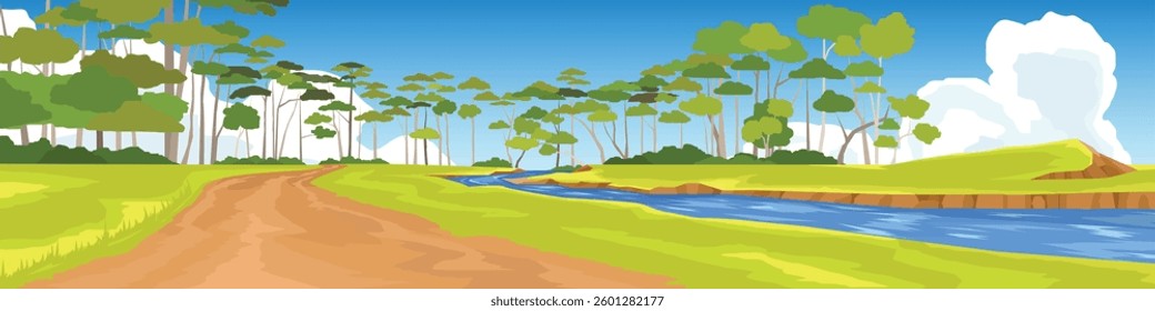 Landscape with a dirt road winding through a green field towards a forest. Blue river flows alongside the field, and a bright sky with white clouds is visible. Evoking a sense of nature and travel.