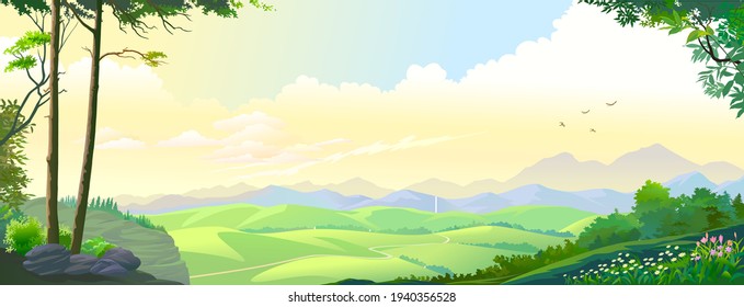 The landscape of distant mountains, hillocks, and blue skies.