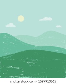 landscape distant mountains and meadows with sun and clouds in the sky, hand drawn crayon illustration vector