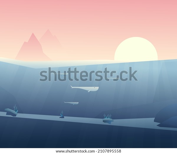 The landscape is\
divided into water and land. A flock of whales under the water.\
Above the water is a pink landscape with mountains and the sun.\
Beautiful vector\
illustration.
