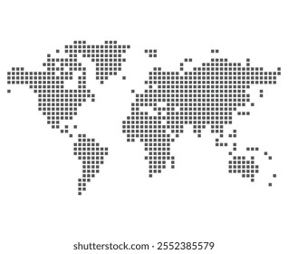 Projeto de vetor de mapa de mundo pontilhado de paisagem. Um moderno vetor de mapa de mundo plano pontilhado cinza mostrando continentes, países e conexões no fundo branco. Perfeito para geografia de comunicação global