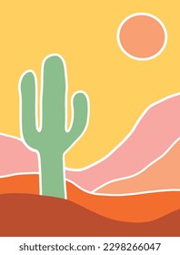 landscape drawing of a cactus in the foreground and the sun behind in digital vector format in pastel colors
