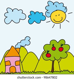 landscape drawing with house and tree. vector  illustration