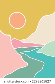 landscape drawing of mountains and river in the foreground and the sun behind in digital vector format in pastel colors