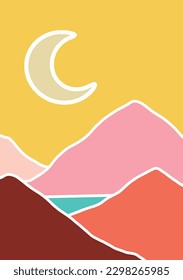 landscape drawing of mountains and river in the foreground and the moon behind in digital vector format in pastel colors