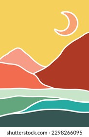 landscape drawing of mountains and river in the foreground and the moon behind in digital vector format in pastel colors