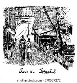 landscape drawing a pair of lovers walking through the old town of Istanbul, holding hands, hand-drawn sketch graphics vector illustration