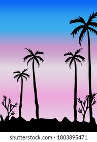 Landscape drawing of palm trees on the beach - vector illustration