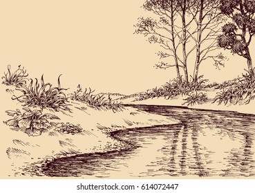 Landscape Drawing. River Flow And Vegetation