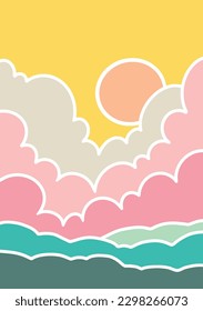 landscape drawing of the river in the foreground and the sun behind the clouds in digital vector format in pastel colors