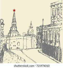 landscape drawing, sketch, illustration of Russia, Moscow, Red square, the Kremlin