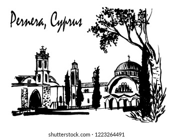 landscape drawing view of an orthodox greek church in Cyprus, Cyprus, sketch, hand-drawn ink vector illustration