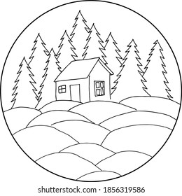 Landscape  drawn by lines, a house in the forest between the Christmas trees.