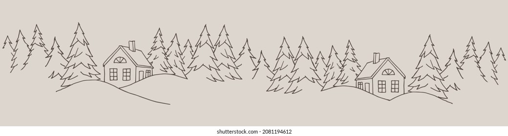 Landscape  drawn by lines, a house in the forest between the Christmas trees.