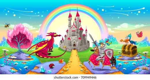 Landscape of dreams with dragon and knight. Vector cartoon fantasy illustration