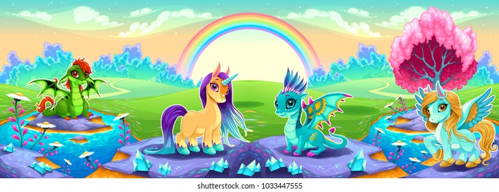 Landscape of dreams with rainbow and fantasy animals. Vector cartoon illustration.