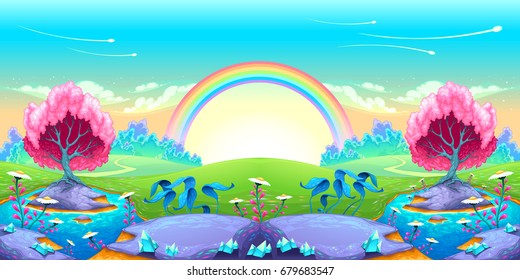 Landscape of dreams with rainbow. Vector cartoon illustration