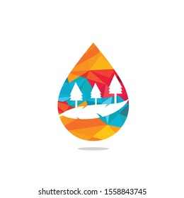 Landscape drop water design logo. Nature water sign. Organic food and drink label. Farm stamp.