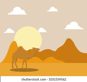 landscape of dry desert with camels 