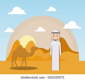 landscape of dry desert with camels 