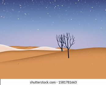 Landscape of dry trees in dessert at night full of stars in the sky