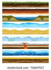 Landscape earthy slice soil section mountains with water geological land underground nature cross land ground vector illustration.