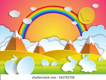 landscape Easter with eggs and rabbit .paper art style.