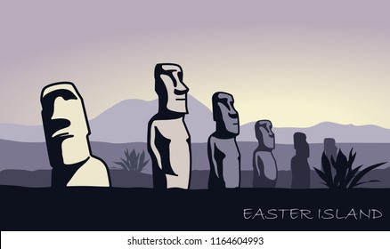 The Landscape Of Easter Island With The Famous Sculptures At Dusk. Vector Illustration