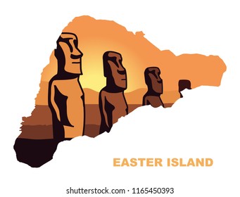 The landscape of Easter island with the famous sculptures at sunset in the form of a map of Easter island. Vector Illustration