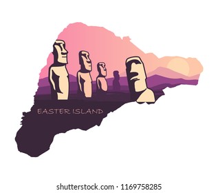 The landscape of Easter island with the famous sculptures at sunset in the form of a map of Easter island. Vector Illustration