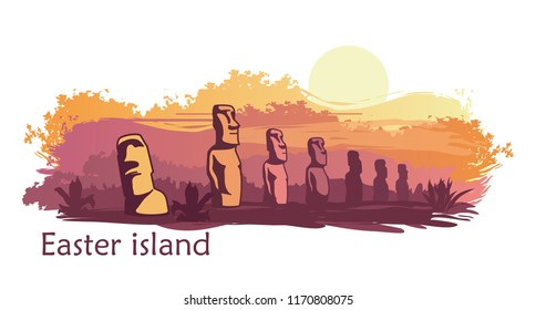 The landscape of Easter island with the famous sculptures at sunset. Vector Illustration