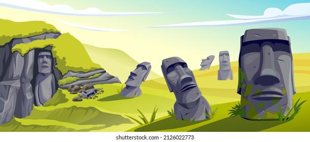Landscape Easter island. Moai on in cave. Ancient statue civilizations of atlantis and lemuria. Vector background cartoon stone sculptures on mountain. 