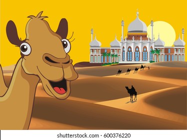Landscape - the Eastern Palace in the desert. A caravan of camels in the desert. The weekend in Dubai. Vector illustration