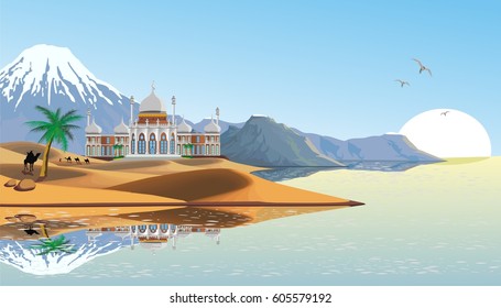 Landscape - the Eastern Palace on the coast. Palace in the desert. The sandy desert. A caravan of camels. Mountain range on the ocean. Vector illustration