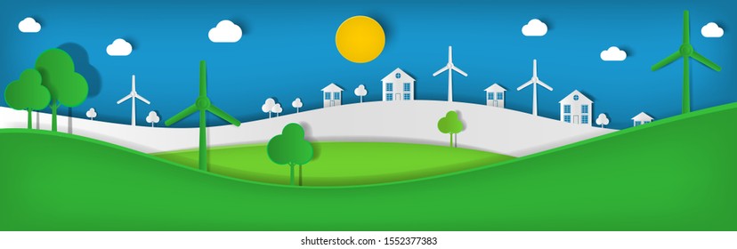 Landscape of eco friendly future town using green energy. Paper cut art vector illustration. Wind power plants.  Design for environmental protection,  global warming, recycle, eco renewable energy.