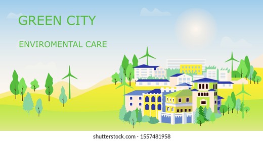  Landscape of eco friendly future town using green energy. Row of houses and trees, town view, for web site template. Design for environmental protection, global warming, recycle, eco renewable energy
