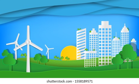 Landscape of eco friendly future town using green energy. Paper cut art vector illustration. Wind power plants.  Design for environmental protection,  global warming, recycle, eco renewable energy.