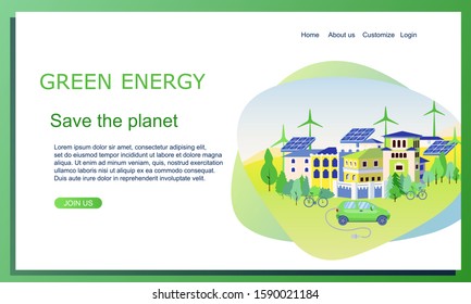 Landscape of eco friendly future town using green energy. Row of houses, trees, solar panel, windmill. Web site template. Design for environmental protection, global warming, recycle, renewable energy