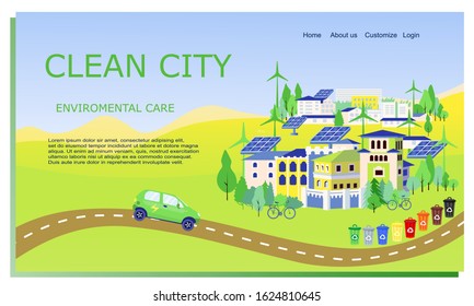 Landscape of eco friendly future town using green energy. Environmental protection and ecology concept.  Zero waste to energy, sorting and recycle. Containers for garbage of different types.