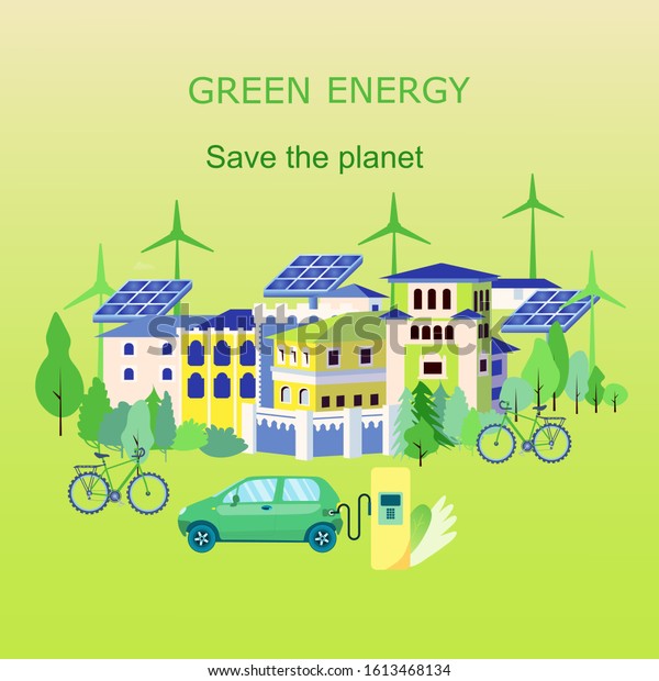 Landscape of eco friendly future town using green\
energy. Row of houses, trees, solar panel, windmill, bicycle,\
hybrid car. Mobile template. Environmental protection, recycle,\
zero waste concept