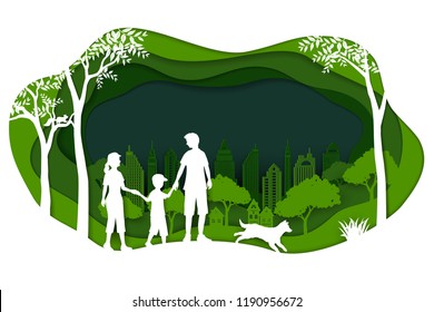 Landscape with eco green city and happy family on paper art background